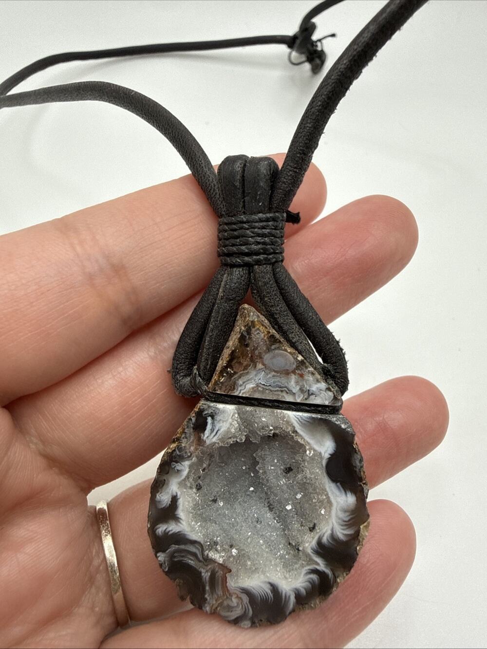 Vintage Gray Druzy Agate Crystal Pendant Leather Cord Unique Gift Handmade